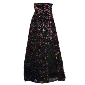 Black Purple Whimsigoth Velvet Floral Burnout Women's Strapless Maxi Dress